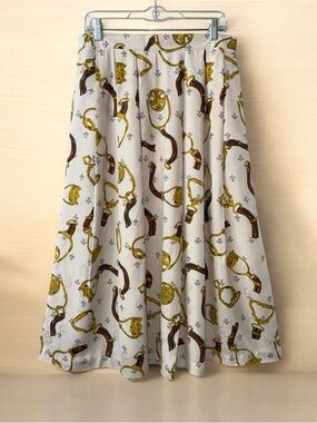 Vintage Equestrian Chain Print Pleated Midi Skirt Sz 16 Old Money Preppy Chic